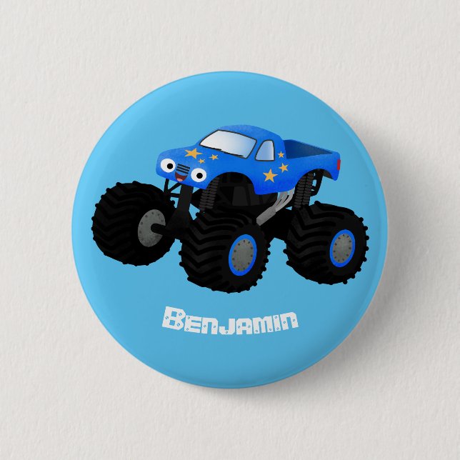 Cute blue monster truck cartoon illustration 2 inch round button (Front)