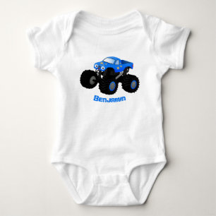 Cute blue monster truck cartoon illustration baby bodysuit