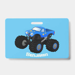 Cute blue monster truck cartoon illustration badge