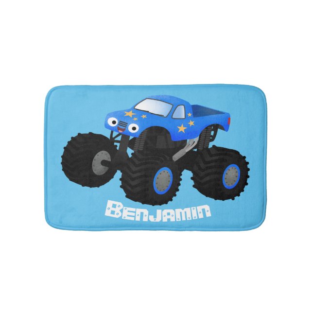 Cute blue monster truck cartoon illustration bath mat (Front)