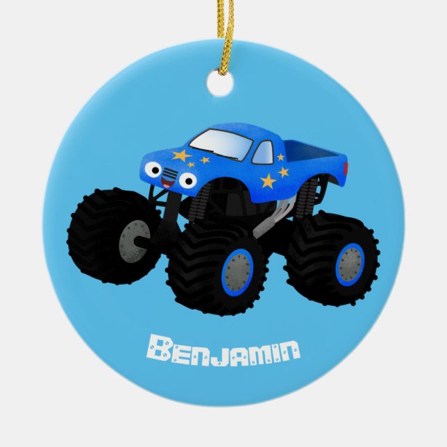 Cute blue monster truck cartoon illustration ceramic ornament (Front)