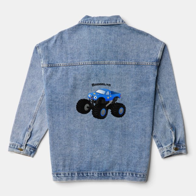 Cute blue monster truck cartoon illustration denim jacket (Back)