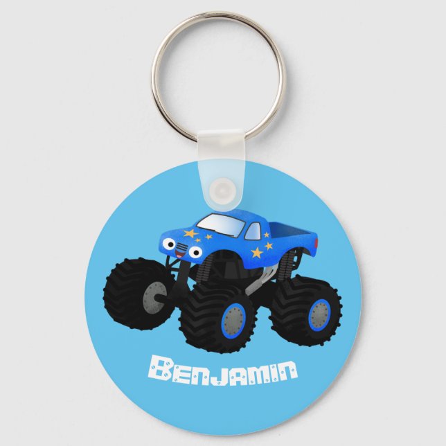 Cute blue monster truck cartoon illustration keychain (Front)
