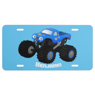Cute blue monster truck cartoon illustration license plate