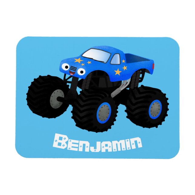 Cute blue monster truck cartoon illustration magnet (Horizontal)