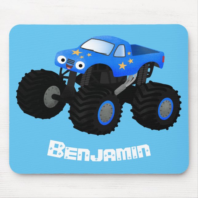 Cute blue monster truck cartoon illustration mouse pad (Front)