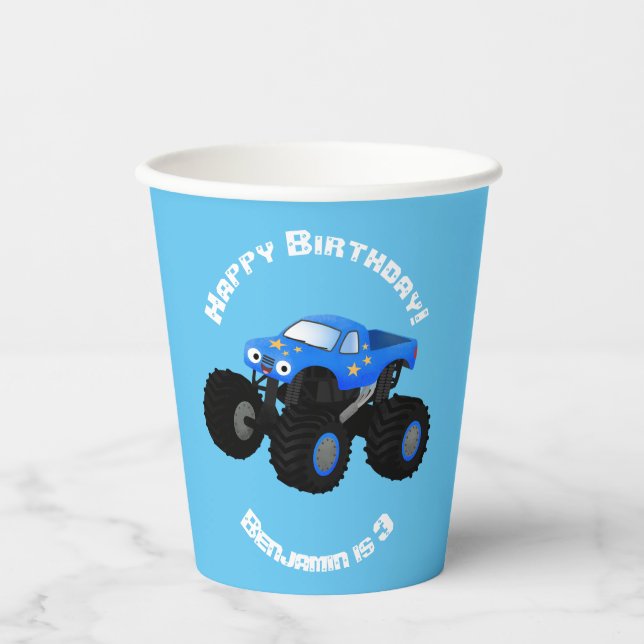 Cute blue monster truck cartoon illustration paper cups (Front)