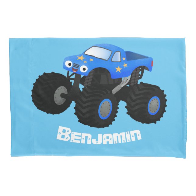 Cute blue monster truck cartoon illustration pillowcase (Front)