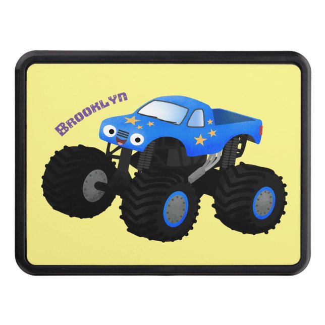 Cute blue monster truck cartoon illustration trailer hitch cover (Front)