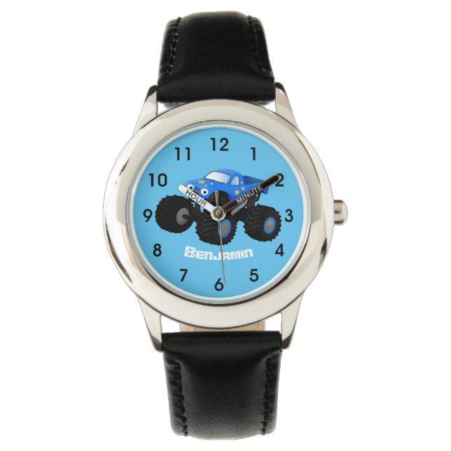 Cute blue monster truck cartoon illustration watch (Front)