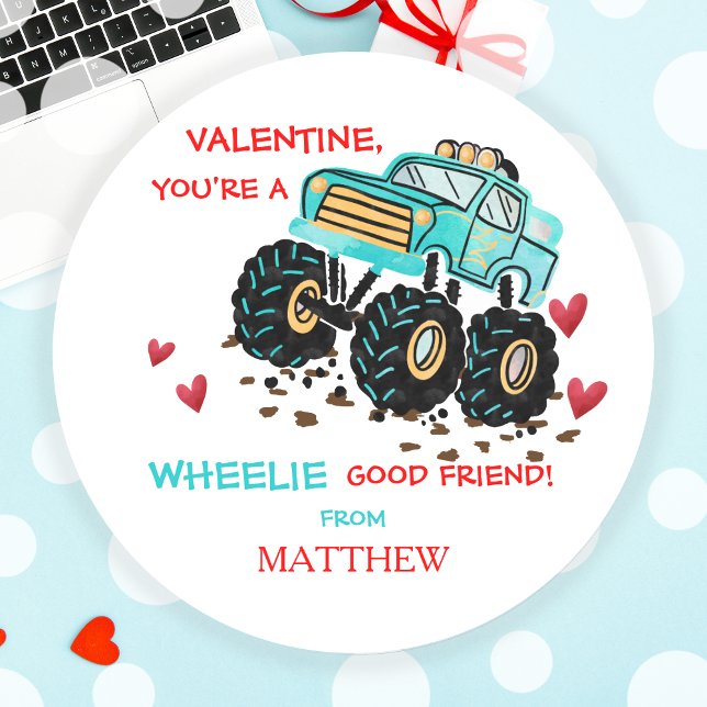 Cute Blue Monster Truck School Valentine Classic Round Sticker (Cute Blue Monster Truck School Valentine Classic Round Sticker)