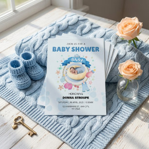 Cute Blue Moon Photo Ribbon Baby Shower Invitation