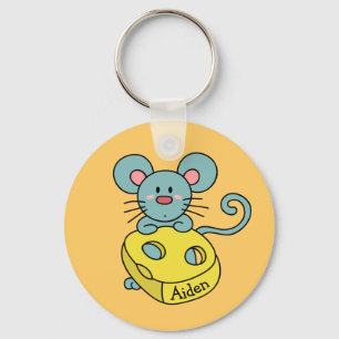 Cute Blue Mouse and Cheese Kids Personalized Keychain