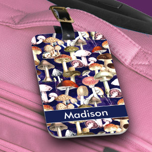 Cute blue mushroom fungi garden pattern  luggage tag