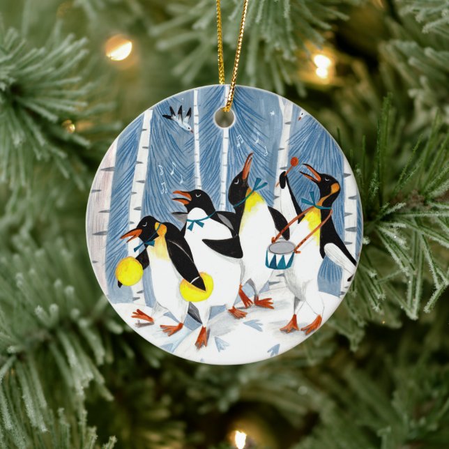 Cute blue musicians penguins snow fun holiday  ceramic ornament (Tree)