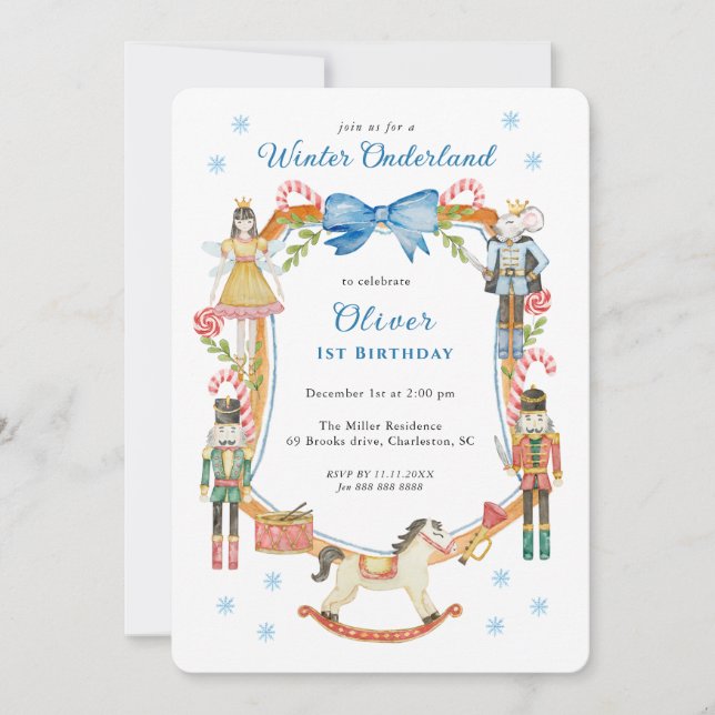 Cute Blue Nutcracker Christmas Boy 1st Birthday  Invitation (Front)