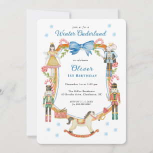 Cute Blue Nutcracker Christmas Boy 1st Birthday  Invitation