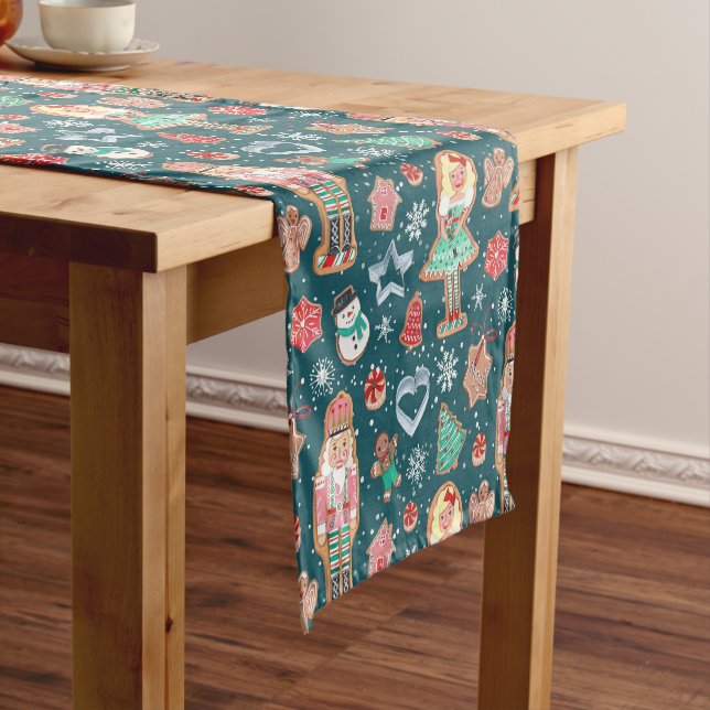 Cute blue nutcracker christmas cookies backing short table runner (In Situ)