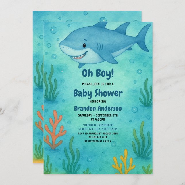 Cute Blue Ocean Shark Boy Baby Shower Invitation (Front/Back)