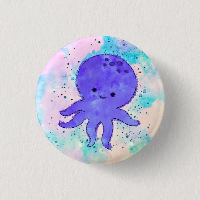 Cute Blue Octopus Cartoon Watercolor 1 Inch Round Button (Front)