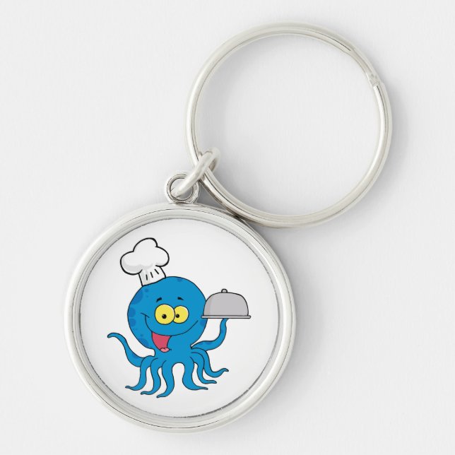 cute blue octopus chef with serving platter keychain (Front)