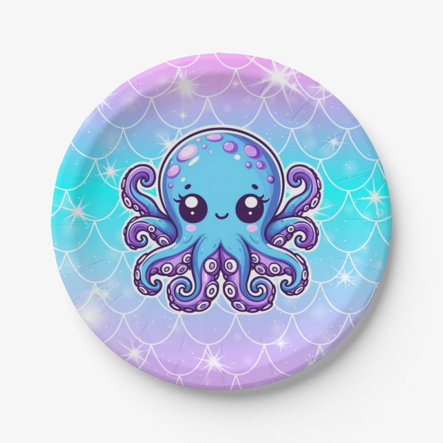 Cute blue octopus paper plate (Front)