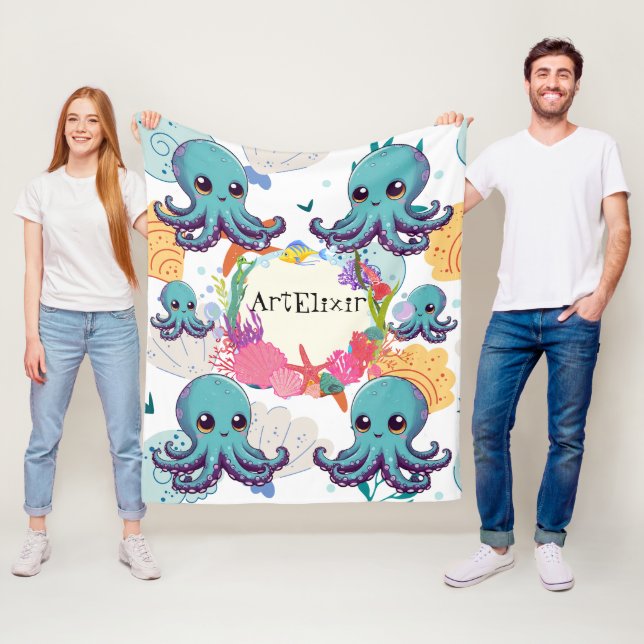 Cute Blue Octopus Print Fleece Blanket (In Situ)