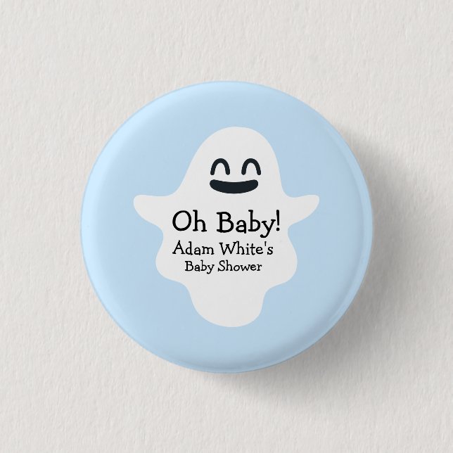 Cute Blue Oh Baby! Ghost Halloween Baby Shower 1 Inch Round Button (Front)