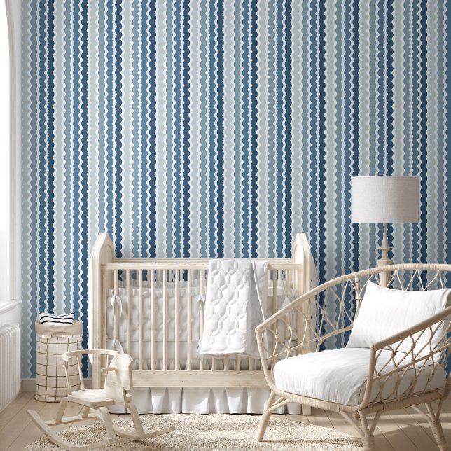 Cute Blue Ombre Ric Rac Vertical Striped Pattern Wallpaper (Kids)
