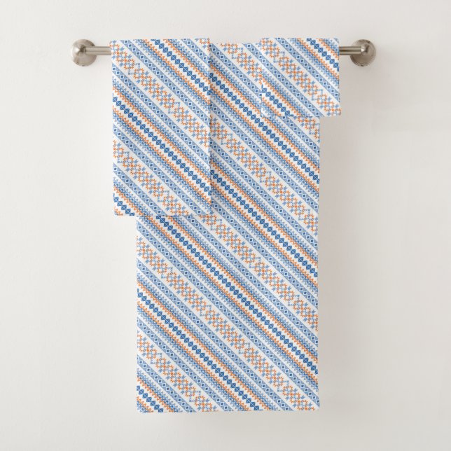 Cute blue orange Aztec Tribal Motif Pattern Bath Towel Set (Insitu)