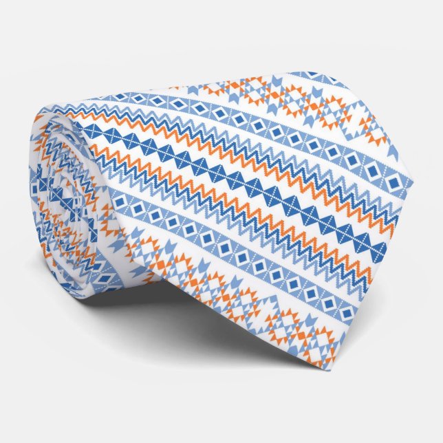 Cute blue orange Aztec Tribal Motif Pattern Tie (Rolled)