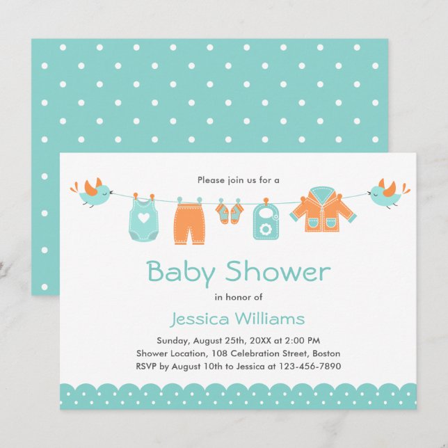 Cute Blue Orange Clothes | Boy Baby Shower Invitation (Front/Back)