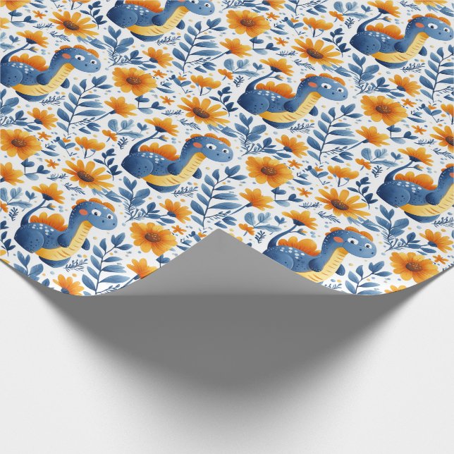 Cute Blue Orange Dinosaur Yellow Daisies Wrapping Paper (Corner)