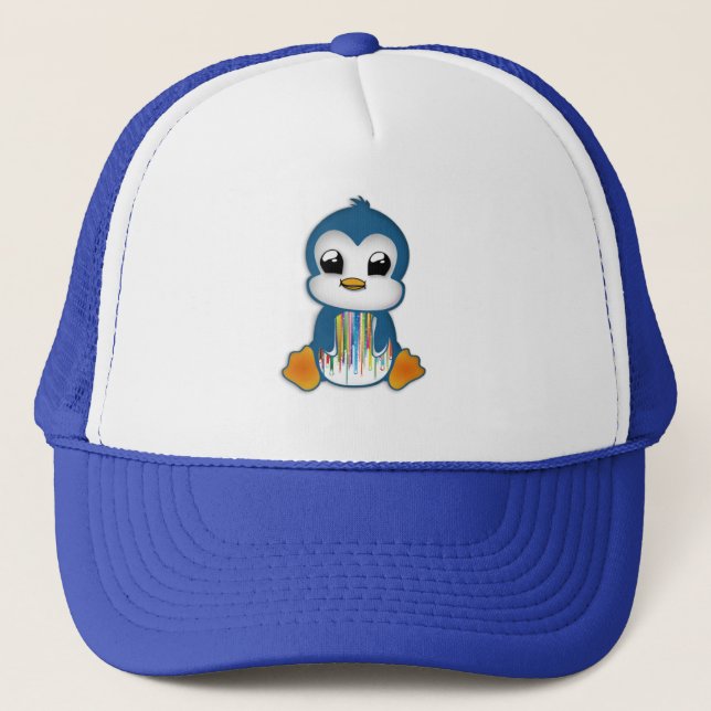 Cute blue orange penguin trucker hat (Front)