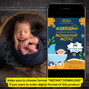 Cute Blue Orange Stroller Baby Boy Muslim Aqeeqah Invitation
