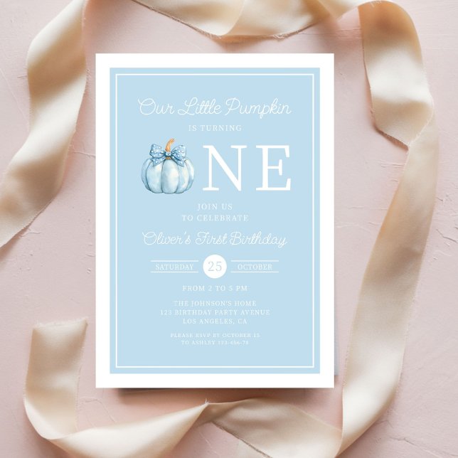 Cute Blue Our Little Pumpkin Boy 1st Birthday Invitation (Cute Blue Our Little Pumpkin Boy 1st Birthday Invitation)