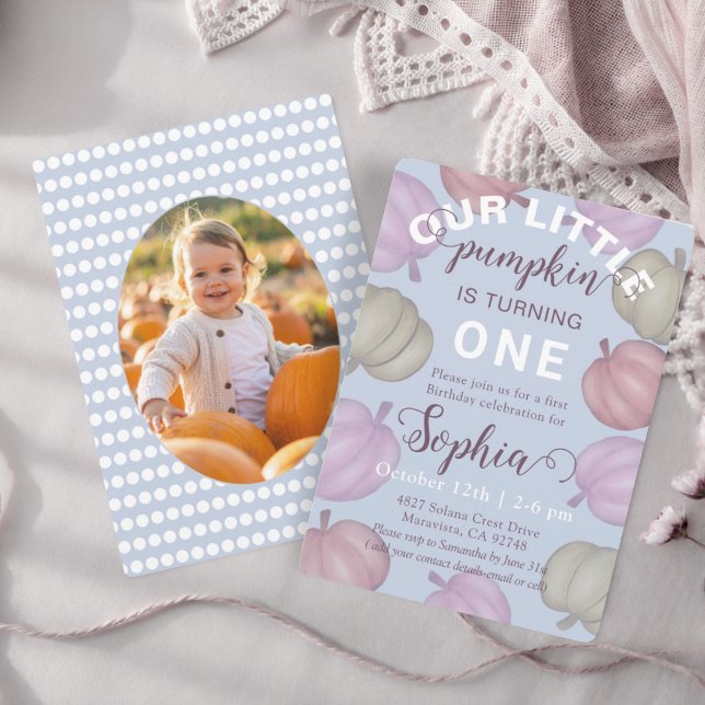 Cute Blue Our Little Pumpkin Fall Birthday Invitation (Creator Uploaded)