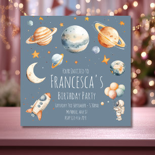 Cute Blue Outerspace Astronaut Birthday Invitation