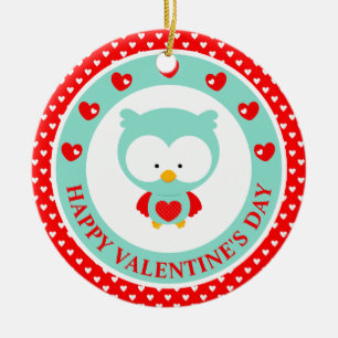 Cute Blue Owl and Hearts Valentine's Day Ceramic Ornament