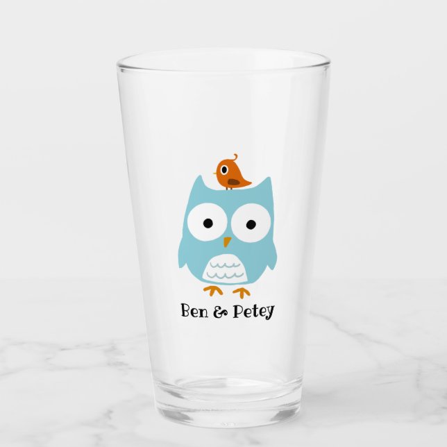 Cute Blue Owl and Little Bird Personalized Glass (Front)