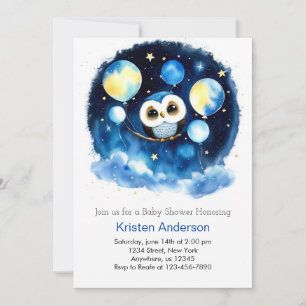 Cute Blue Owl Balloons Boy Baby Shower Invitation