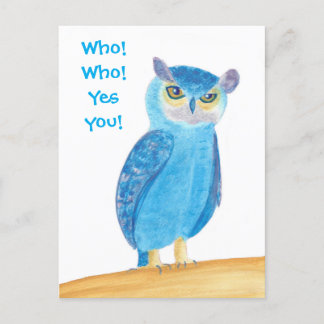 Cute Blue Owl Birthday Party Invitations, Custom Invitation Postcard