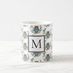 Cute Blue Owl Eucalyptus Monogram Coffee Mug