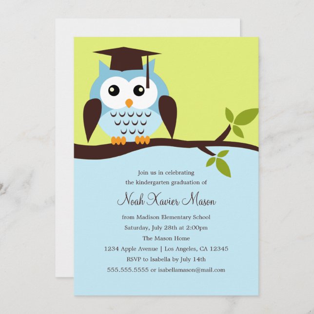 Cute Blue Owl Graduation Party Invitation (Front/Back)