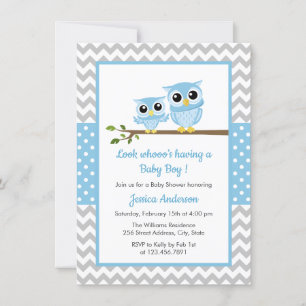 Cute Blue Owl Grey Chevron Boy Baby Shower Invitation
