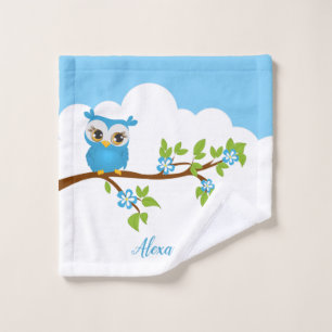 Cute blue owl on a branch bath towel set