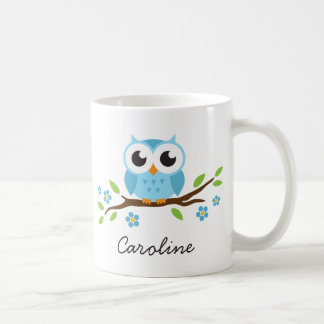 Cute blue owl on floral branch personalized name coffee mug