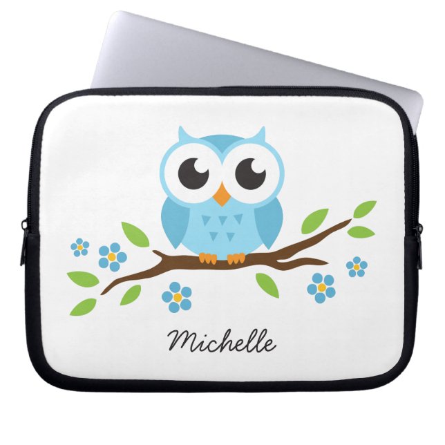 Cute blue owl on floral branch personalized name laptop sleeve (Front)