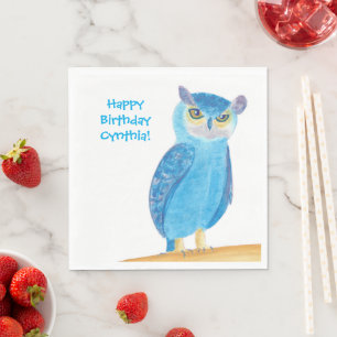 Cute Blue Owl, Personalized Birthday Napkins