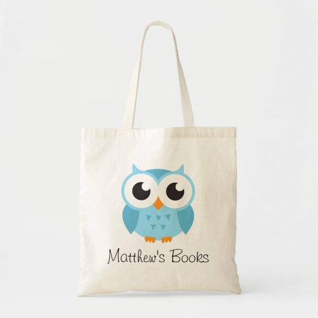 Cute blue owl personalized library book tote bag (Front)